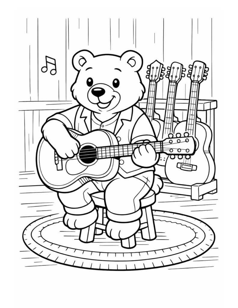 bear playing guitar indoors coloring page with a smiling bear musician