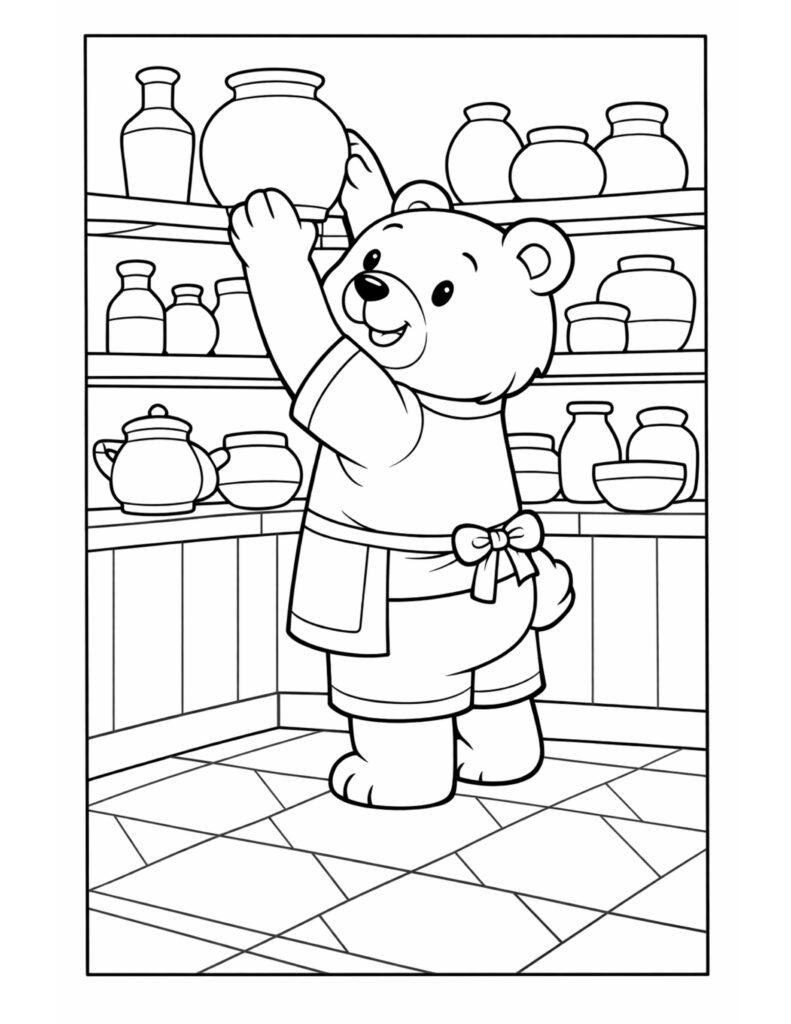 bear reaching for jar shelf coloring page showing a cute bear organizing pottery