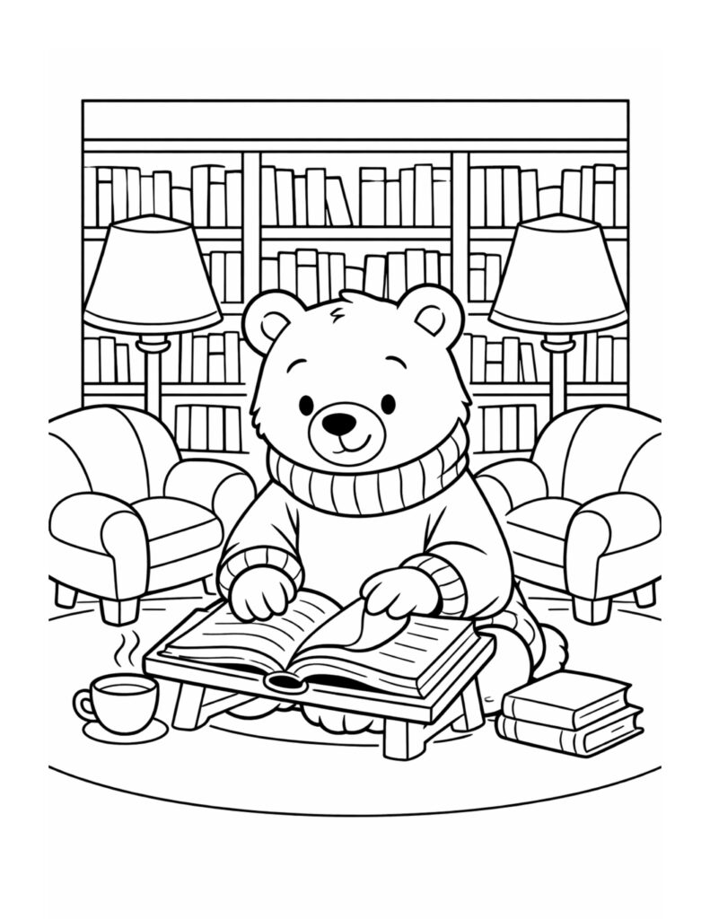 bear reading book in cozy library coloring page with a calm bear studying a book near armchairs