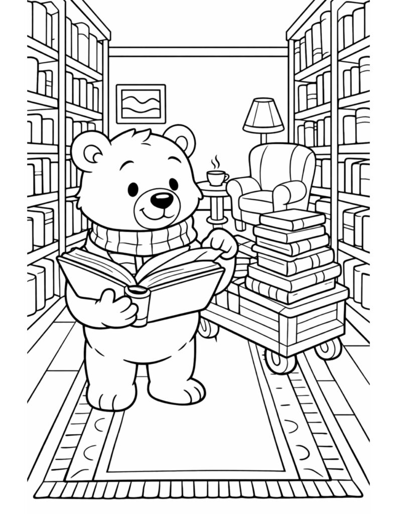 bear reading book in library coloring page with a cozy bear surrounded by bookshelves