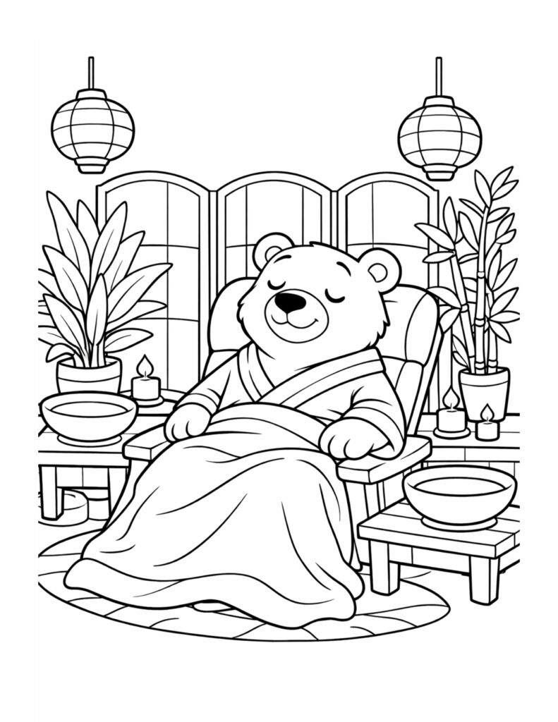 bear relaxing at spa chair coloring page with a peaceful bear wrapped in a robe surrounded by candles