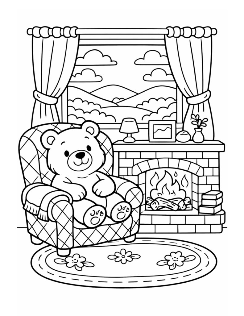 bear relaxing by fireplace coloring page in a cozy armchair scene with window curtains, lamp, and rug coloring page