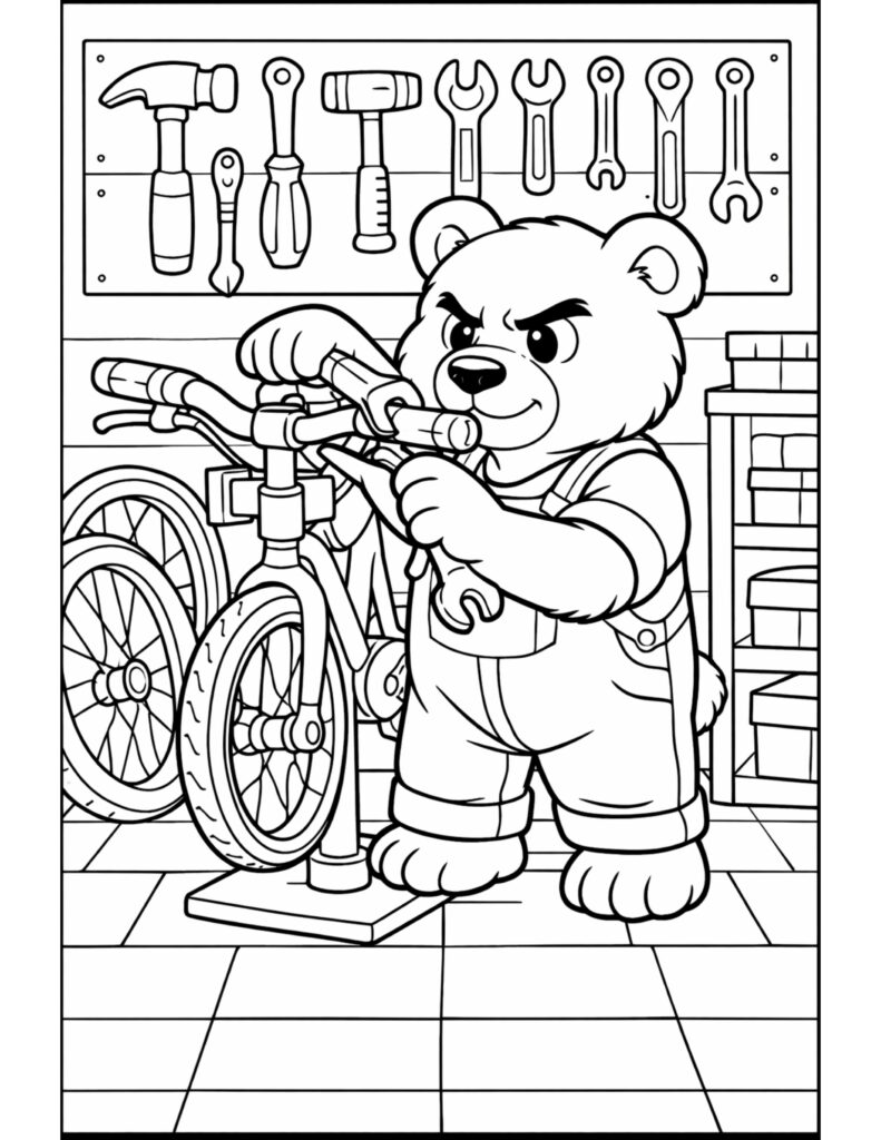 bear repairing bicycle in workshop coloring page with a cute bear using tools by a bike stand coloring page