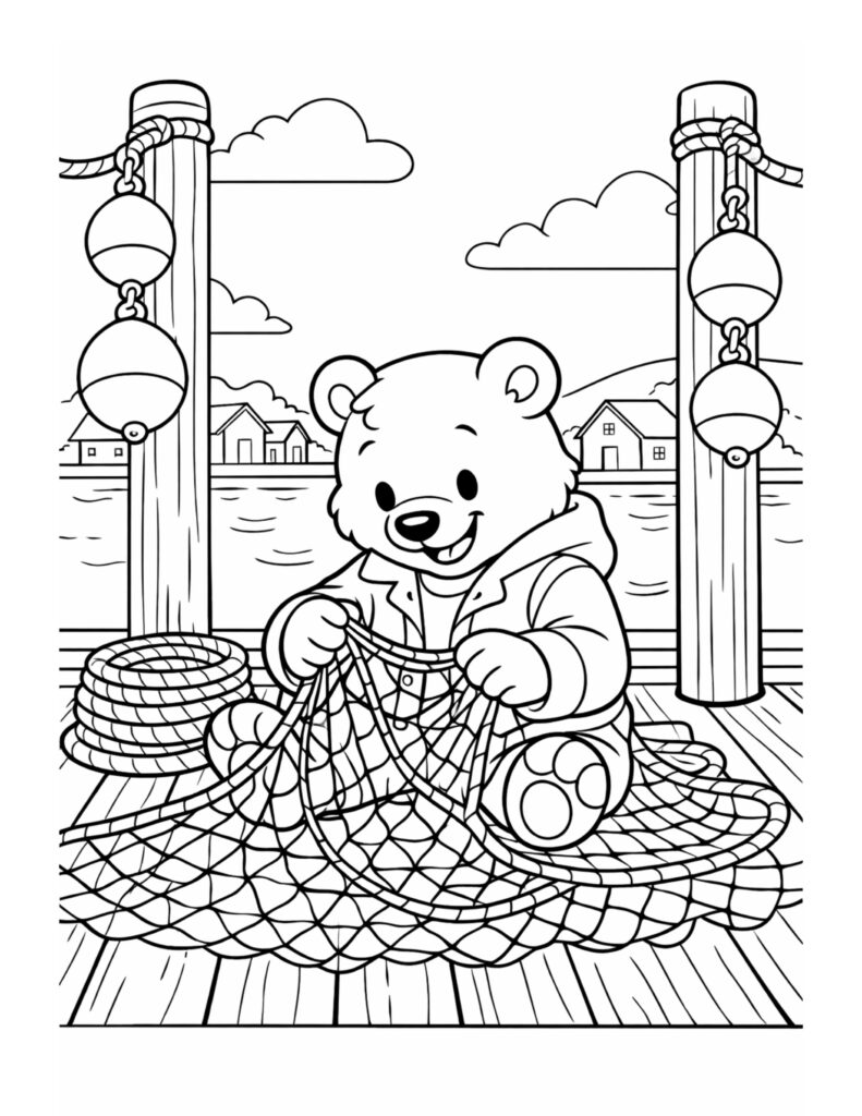 bear repairing fishing net coloring page on a wooden dock with ropes, buoys, and calm water coloring page