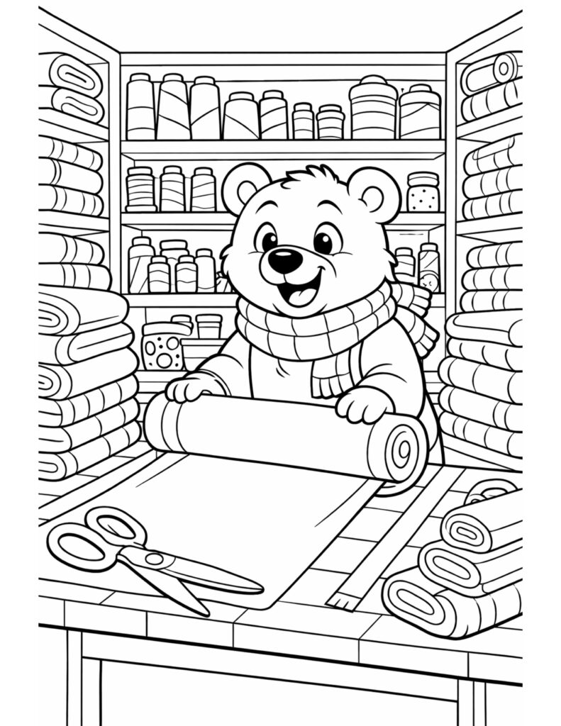 bear rolling fabric in shop coloring page with a smiling bear at a fabric table, scissors and folded cloth, coloring page