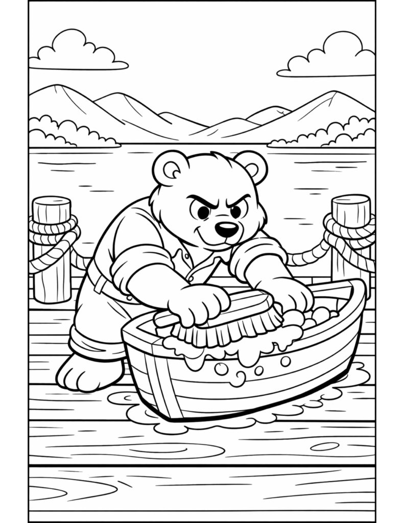 bear scrubbing a boat coloring page on a wooden dock with soap bubbles, lake, and mountains coloring page