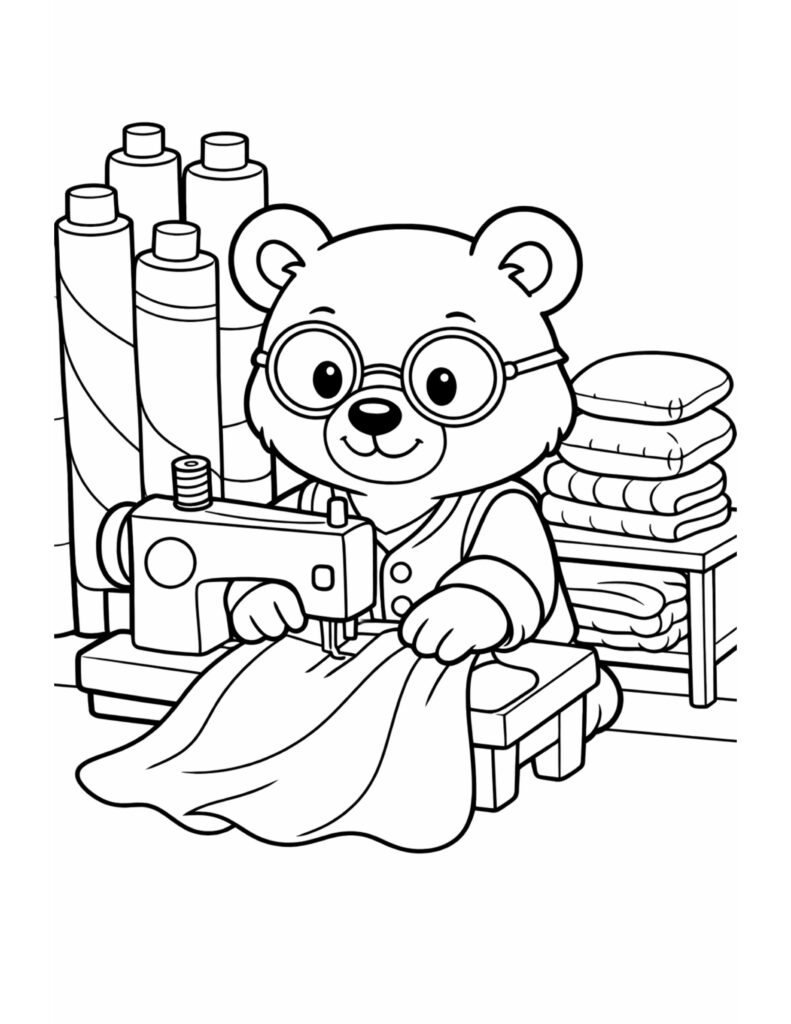 bear sewing on sewing machine coloring page showing a cute bear crafting fabric