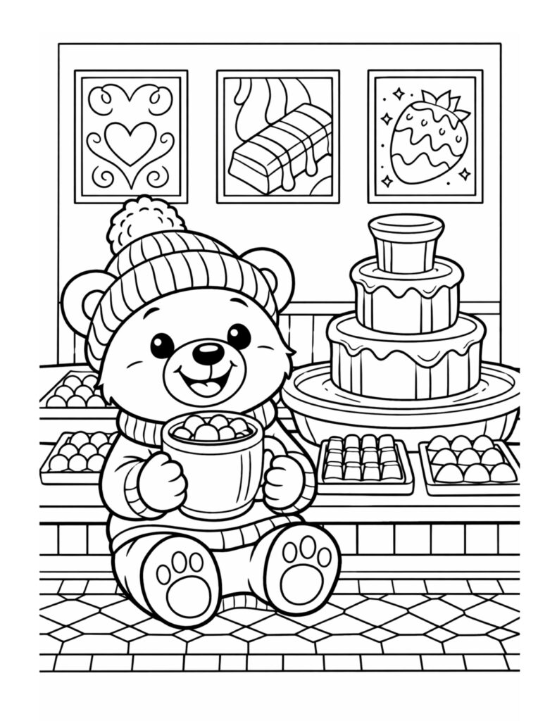 bear sipping hot chocolate coloring page with a cute bear holding a mug beside cakes and chocolates coloring page