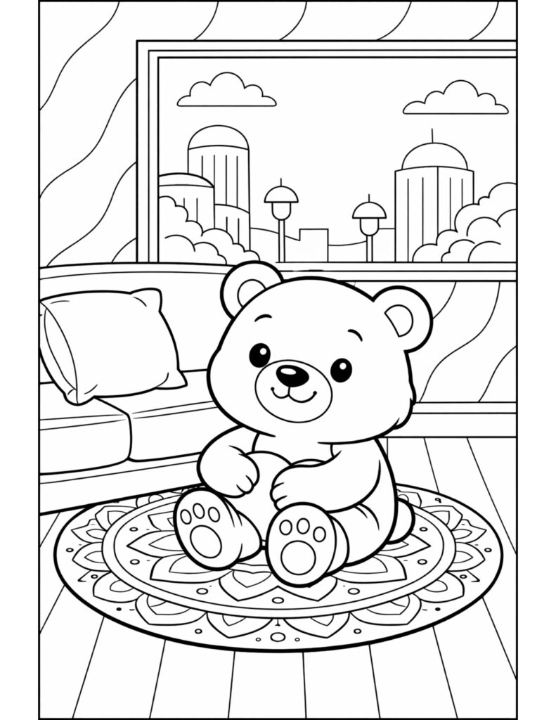 bear sitting on patterned rug coloring page in a cozy living room with sofa and city window view coloring page