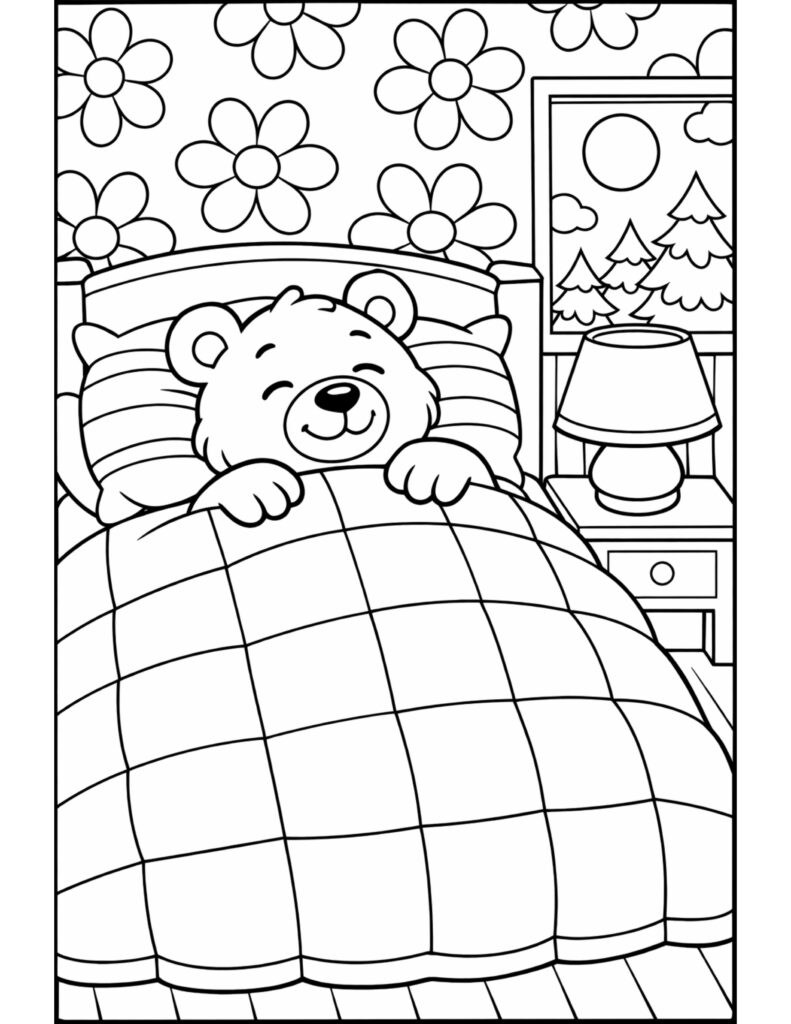bear sleeping in bed coloring page with a quilt blanket, flower wallpaper, bedside lamp, and window view coloring page