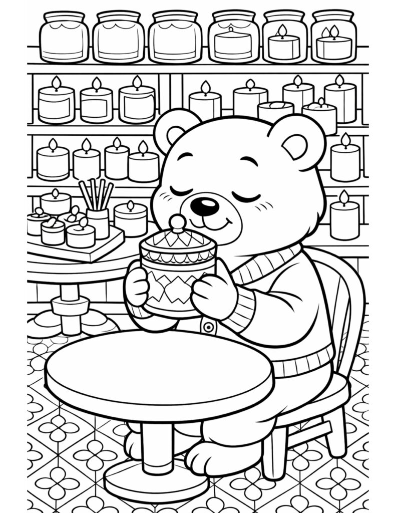 bear smelling candle in shop coloring page with a cozy bear holding a candle jar
