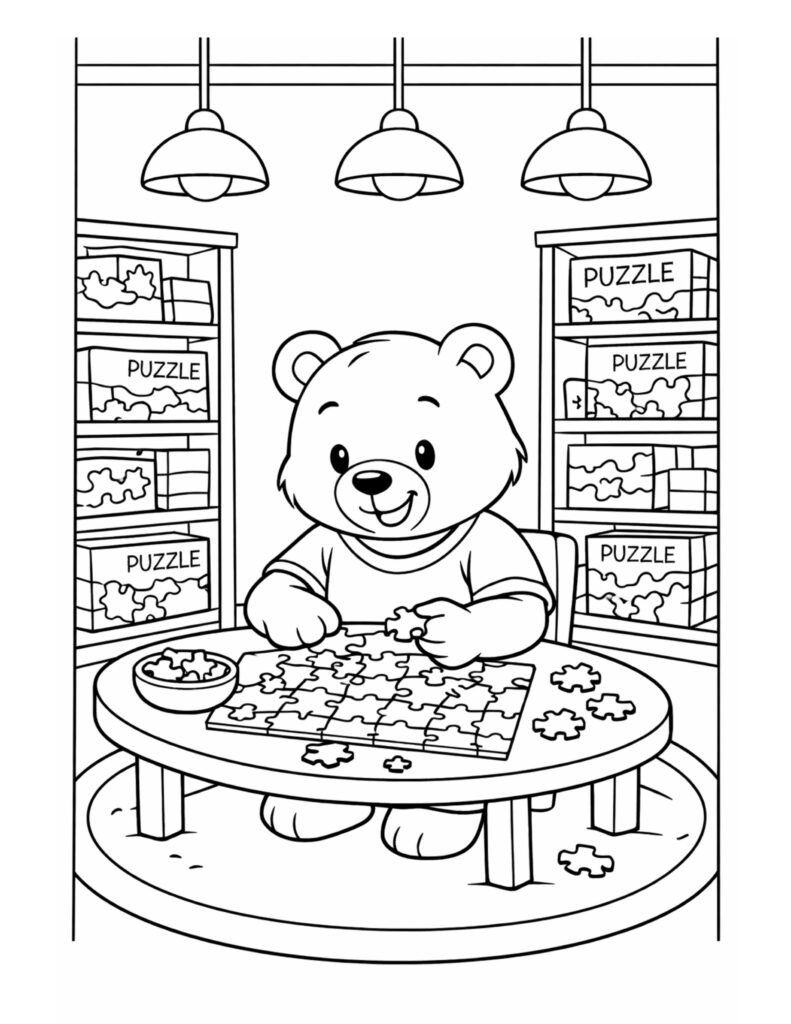 bear solving a puzzle coloring page showing a friendly bear at a table with jigsaw pieces in a cozy room coloring page