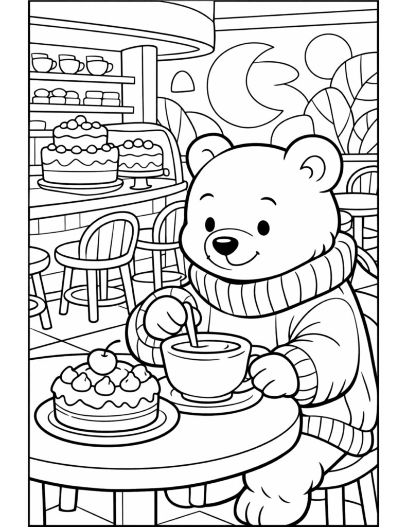 bear stirring coffee at cafe coloring page with a bear at a table beside a small cake coloring page