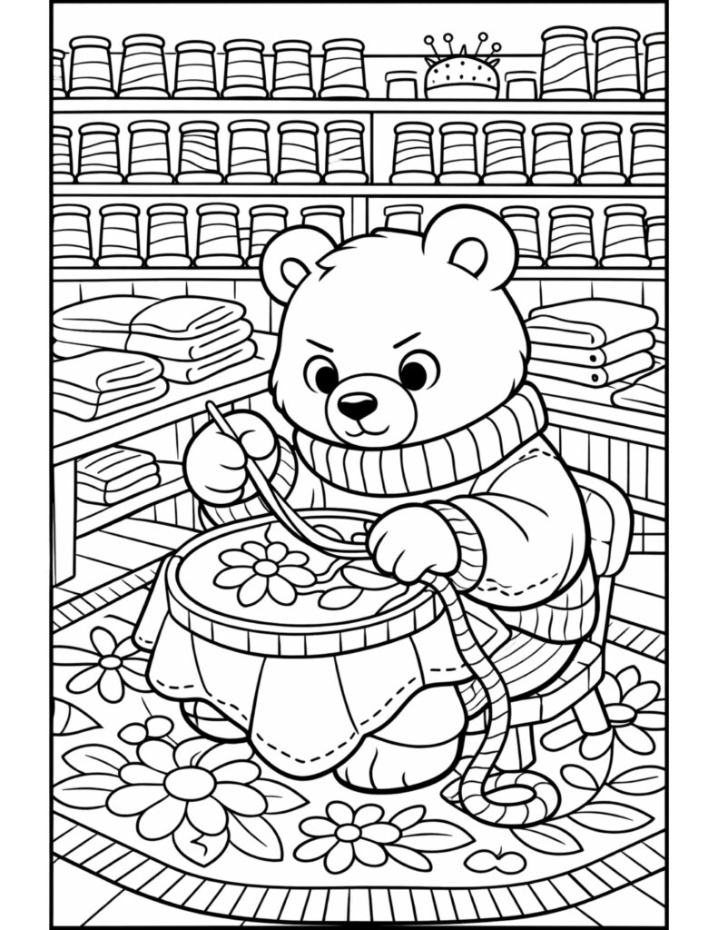bear stitching floral embroidery hoop coloring page featuring a bear sewing a flower design in a craft room coloring page