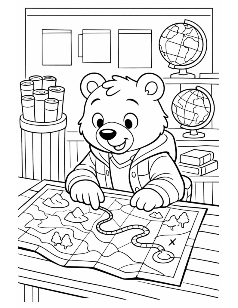 bear studying a map coloring page showing a curious bear exploring a route on a large map in a study room coloring page