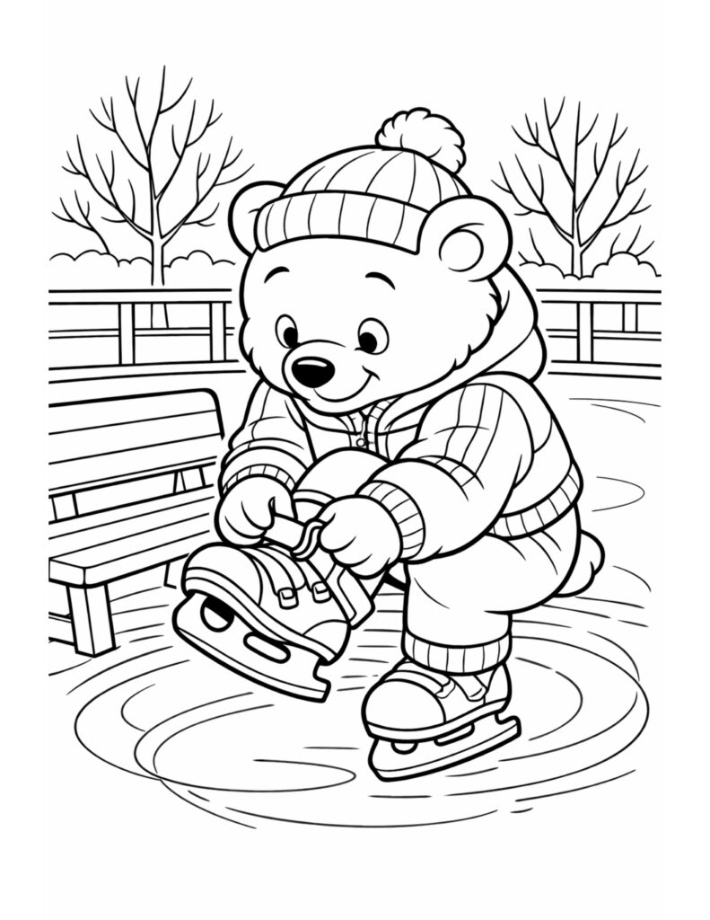 bear tying ice skates coloring page with a cute bear on an icy rink near a bench and bare trees coloring page