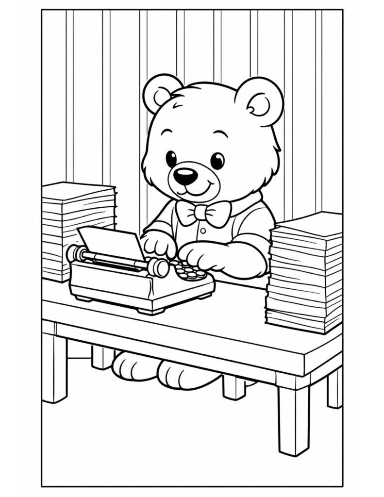 bear typing at a desk coloring page with a cute bear using a typewriter