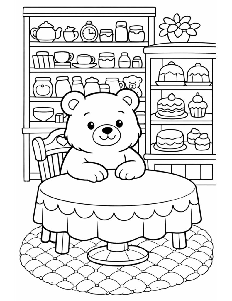 bear waiting at bakery table coloring page with cakes, shelves, jars, and cozy cafe interior coloring page