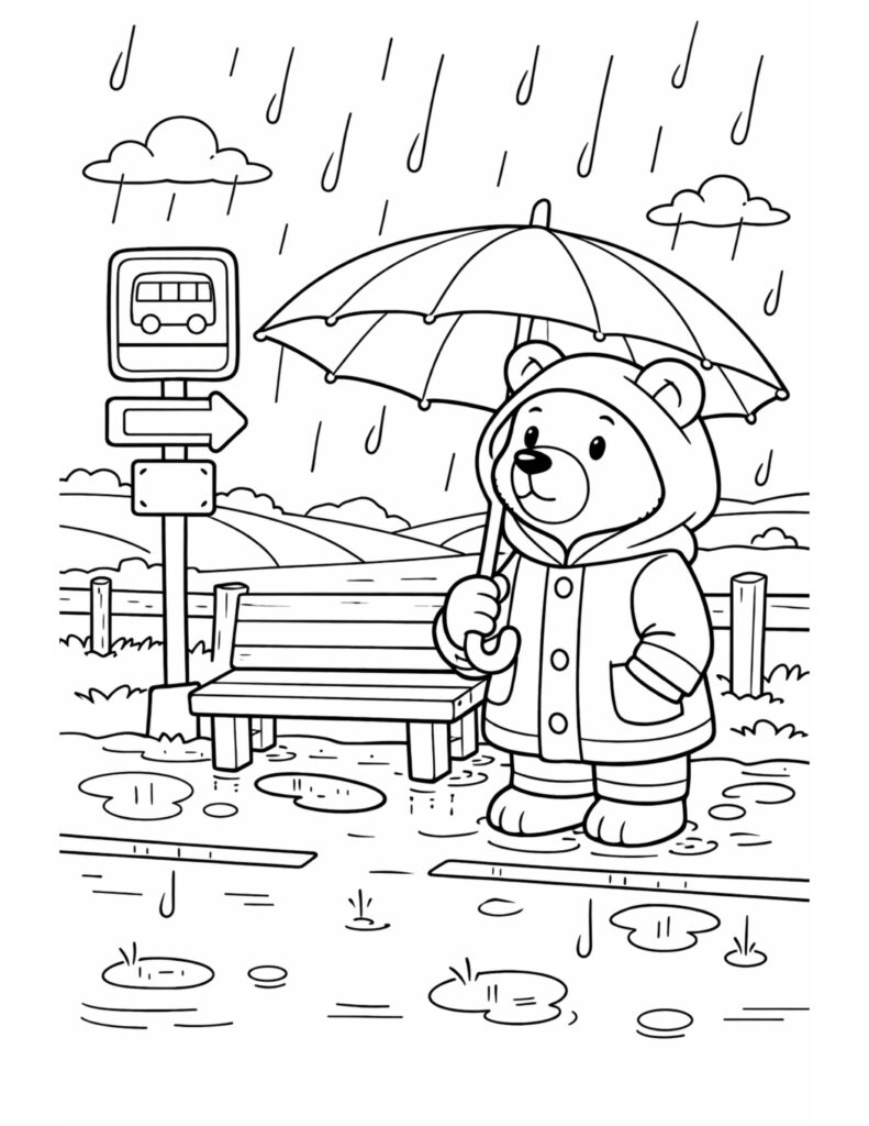 bear waiting at bus stop coloring page holding an umbrella in the rain with puddles and bench coloring page