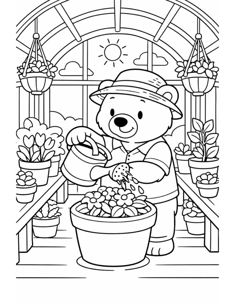 bear watering plants in greenhouse coloring page with a smiling bear caring for flowers