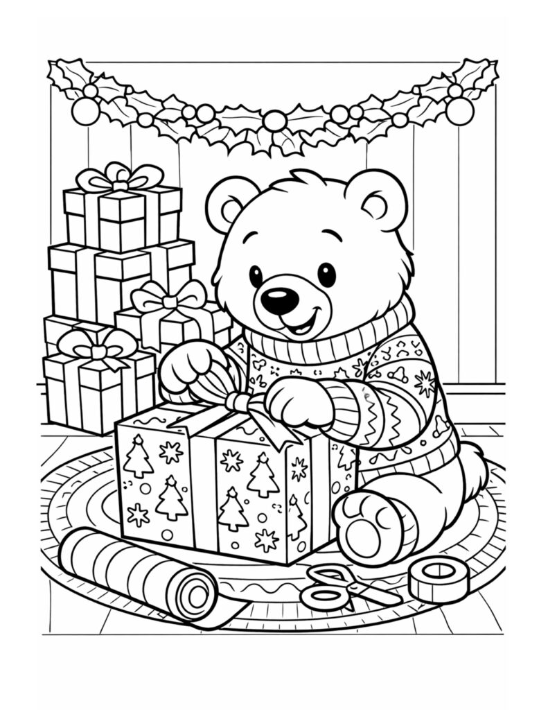 bear wrapping christmas gift coloring page with a cute bear tying a ribbon on a present