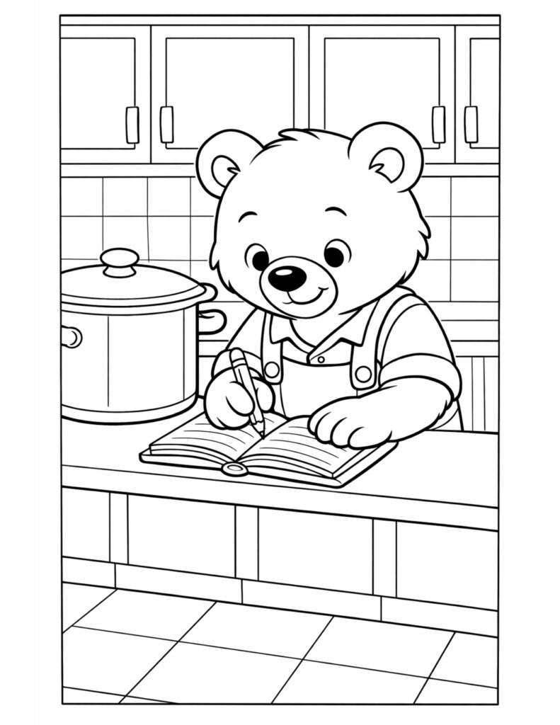 bear writing recipe in kitchen coloring page showing a cute bear cooking at a counter
