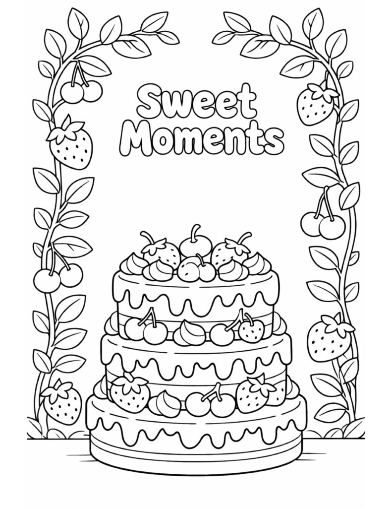 berry cake with sweet moments coloring page with a layered cake, dripping icing, and berry vine frame coloring page