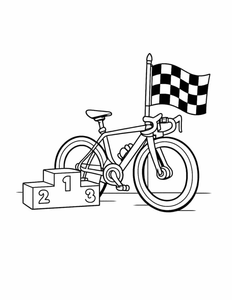 bicycle race winner podium coloring page with bike podium numbers and checkered flag coloring page