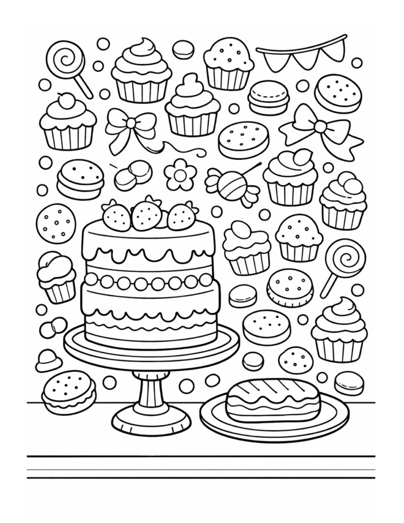 birthday dessert table cake stand coloring page featuring a layered cake, cupcakes, macarons, and candies coloring page