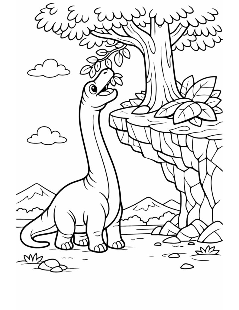 brachiosaurus eating tree leaves coloring page with a smiling long neck dinosaur reaching a leafy branch