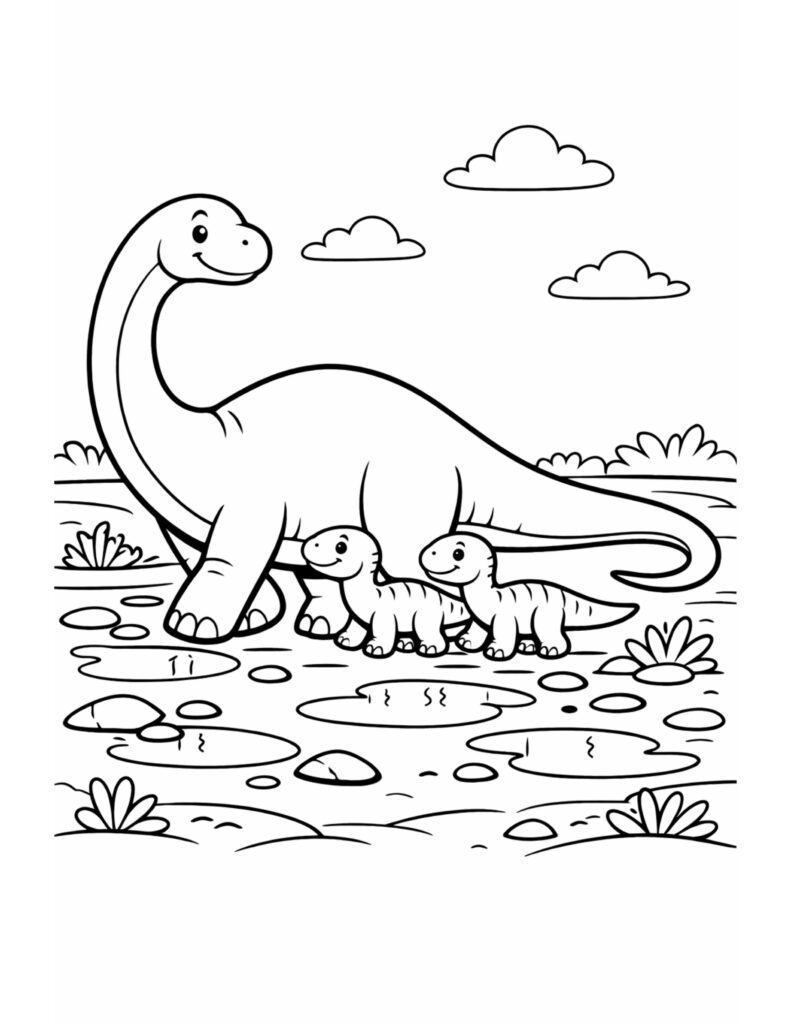 brachiosaurus with two babies walking coloring page showing a long neck dinosaur with two babies in puddles coloring page
