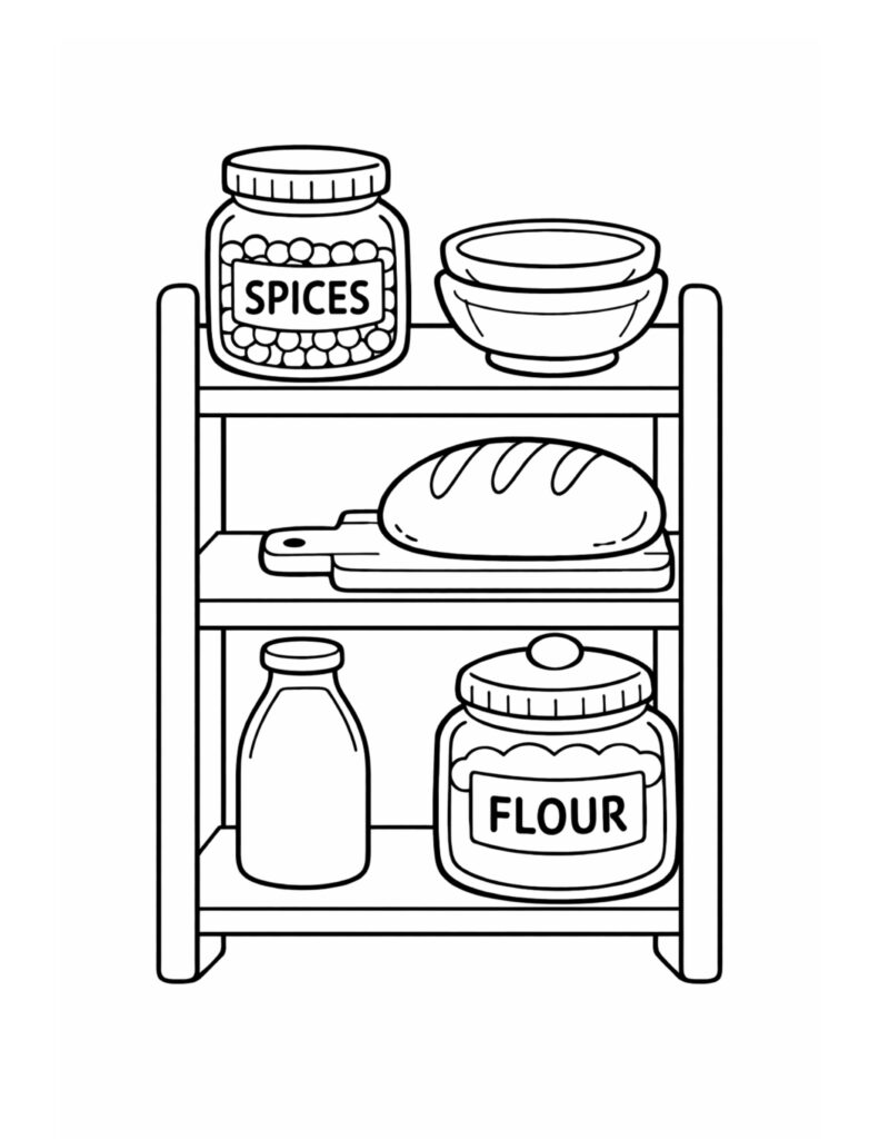 bread and pantry shelf coloring page featuring a spice jar flour jar bowl and bread loaf coloring page