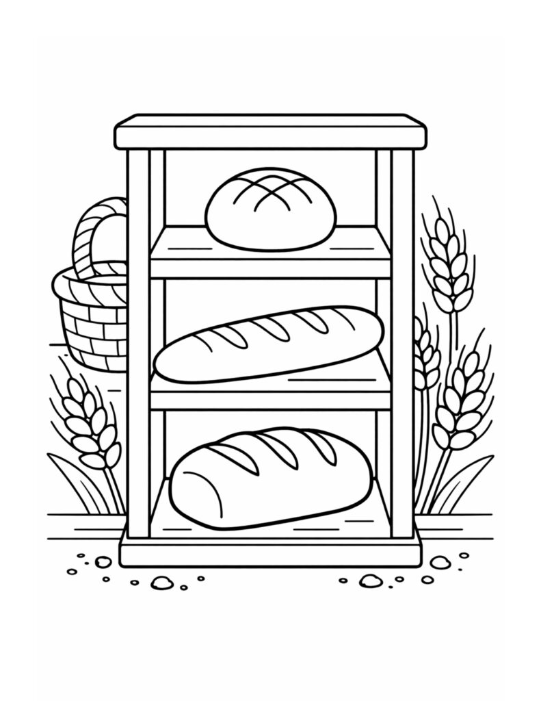bread on rustic bakery shelf coloring page with three loaves on a wooden rack, wheat stalks, and a bread basket coloring page