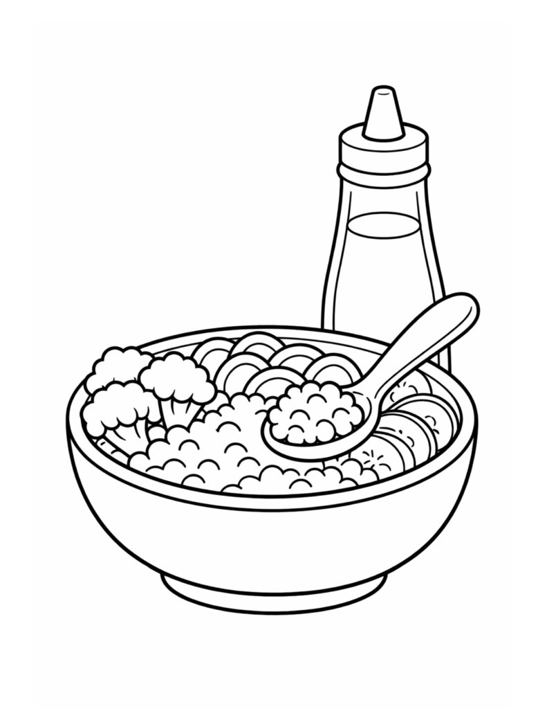 breakfast bowl with spoon coloring page showing a simple food bowl with textures and details coloring page