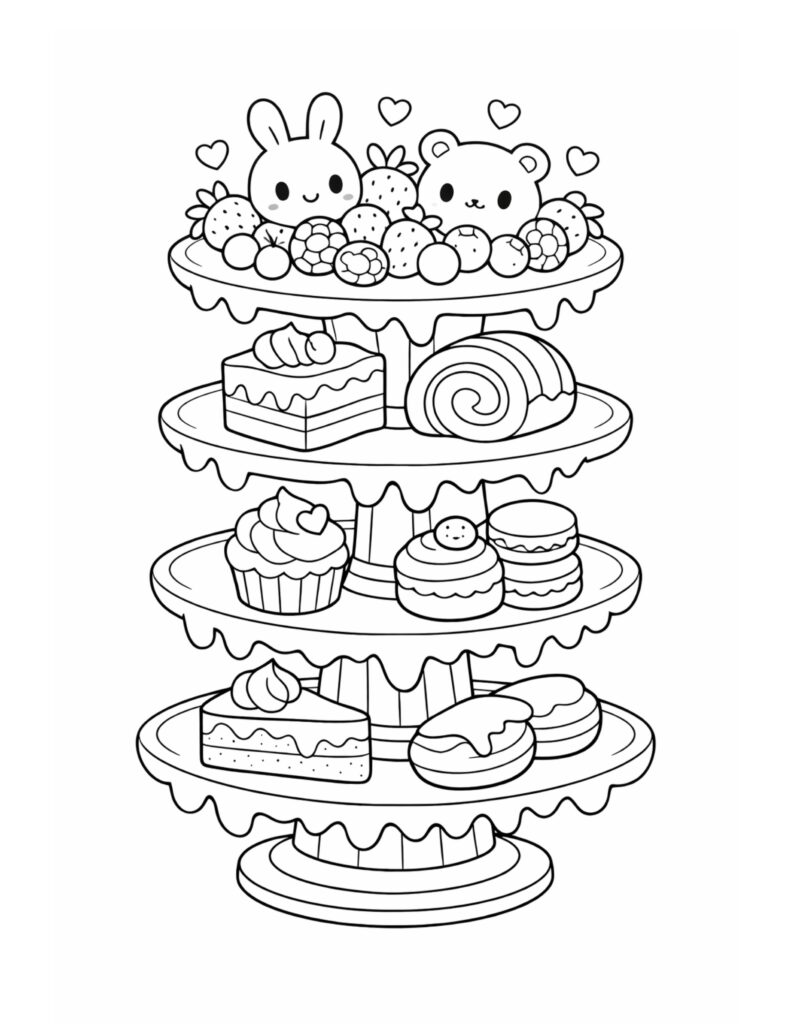 bunny and bear dessert stand coloring page featuring a tiered tray of pastries, berries, and hearts