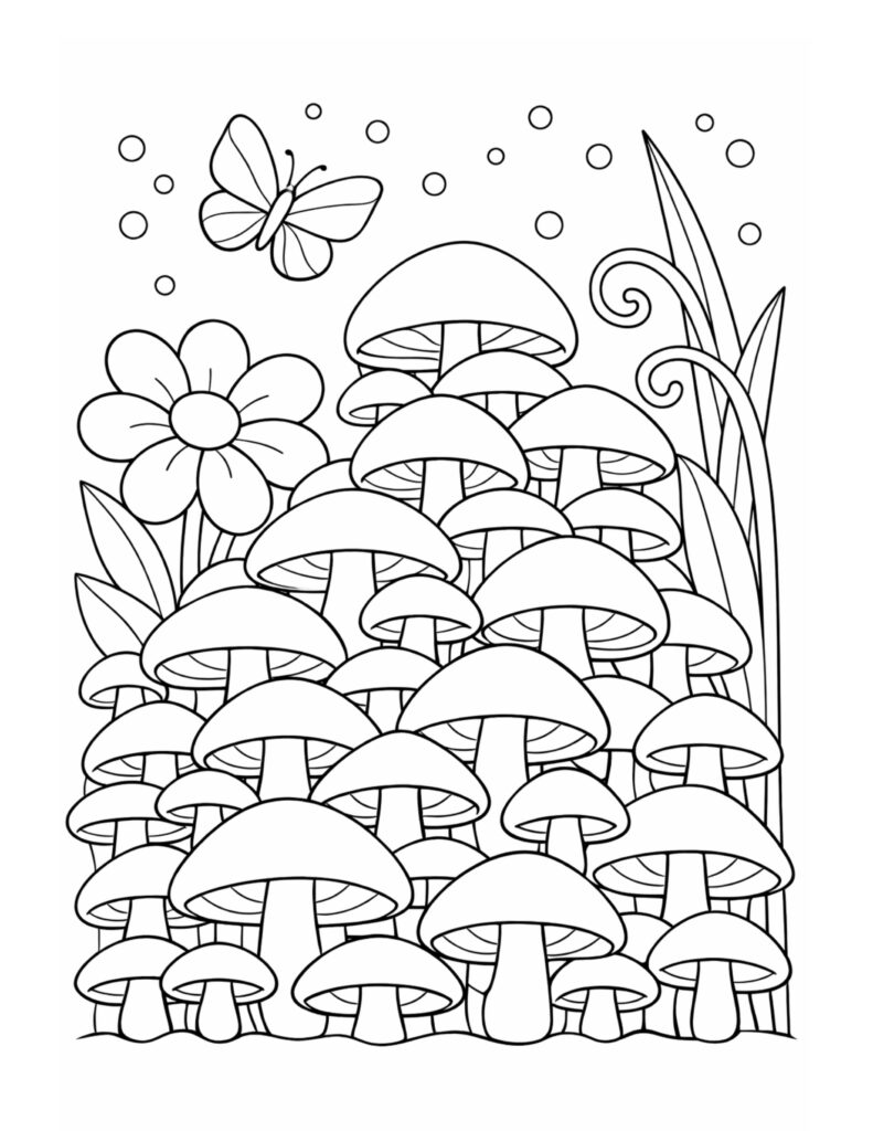 butterfly over mushroom cluster coloring page with a big flower, tall grass, and dotted background coloring page