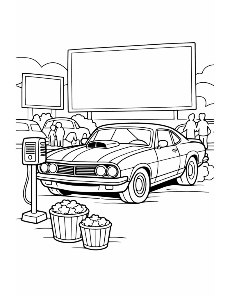 car at drive in movie coloring page showing a parked car with popcorn and outdoor movie screen coloring page