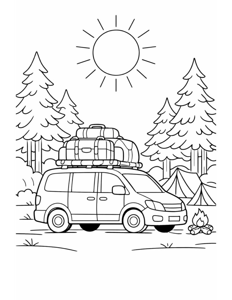 car at forest campsite coloring page with a roof packed van, tents, campfire, and pine trees coloring page