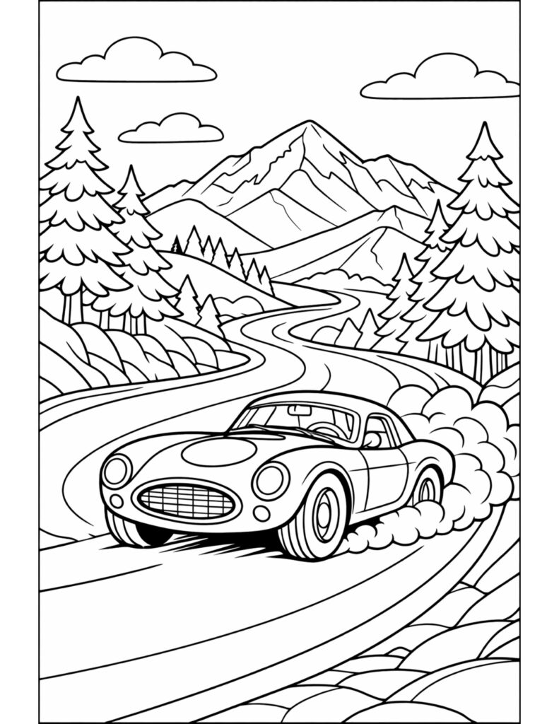 car drifting on mountain road coloring page with a winding road, pine trees, and mountains coloring page