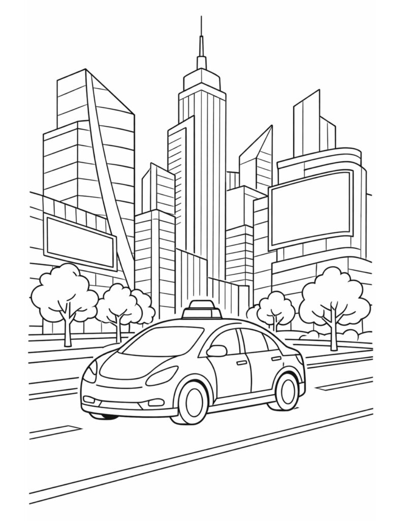 car driving through city street coloring page with modern buildings and road scene coloring page