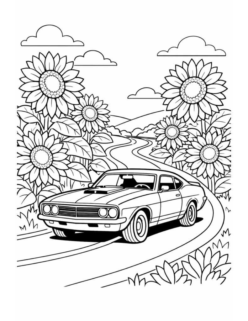car driving through sunflower field coloring page with a classic car on a winding road surrounded by sunflowers coloring page