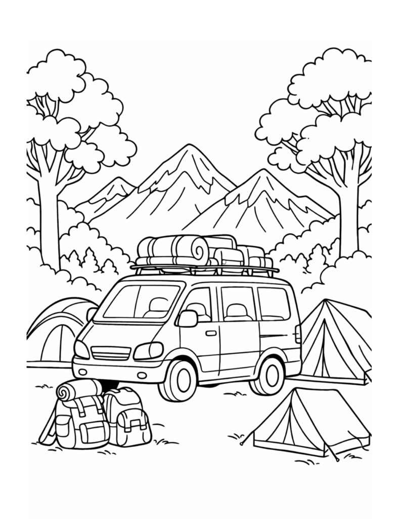 car parked at mountain campsite coloring page with tents trees and mountains coloring page