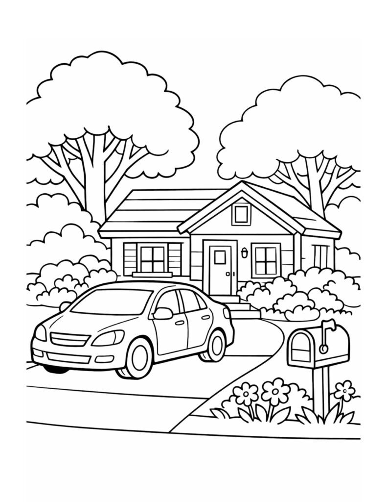 car parked in front yard coloring page with a house, driveway, mailbox, trees, and flowers coloring page