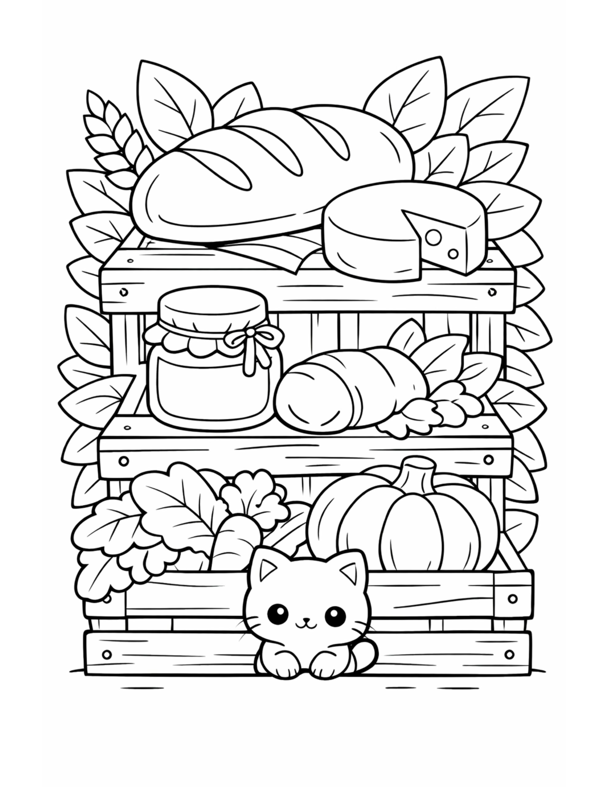 cat with farm food crates coloring page showing a cute cat sitting by wooden crates with bread cheese and vegetables coloring page