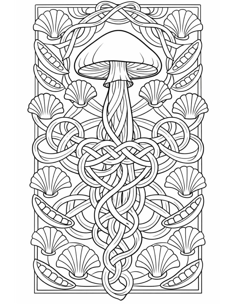 celtic knot mushroom pattern coloring page with intricate knotwork and decorative framing coloring page