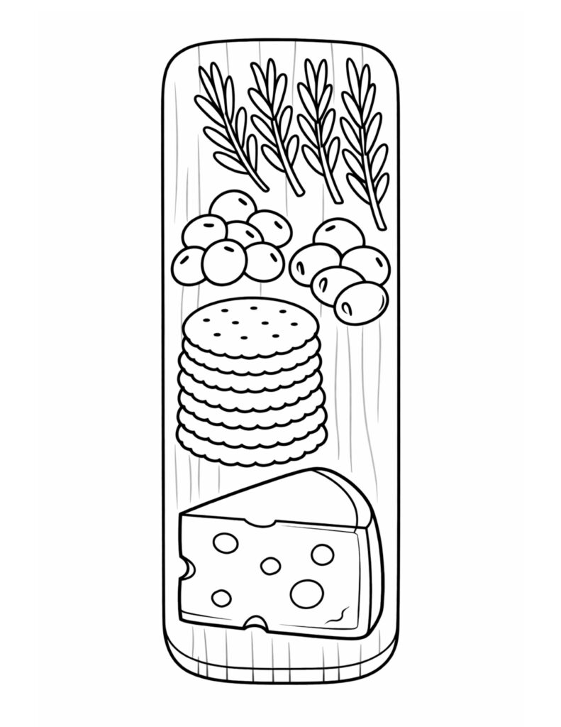 cheese and crackers snack board coloring page with olives herbs and crackers on a wooden board coloring page