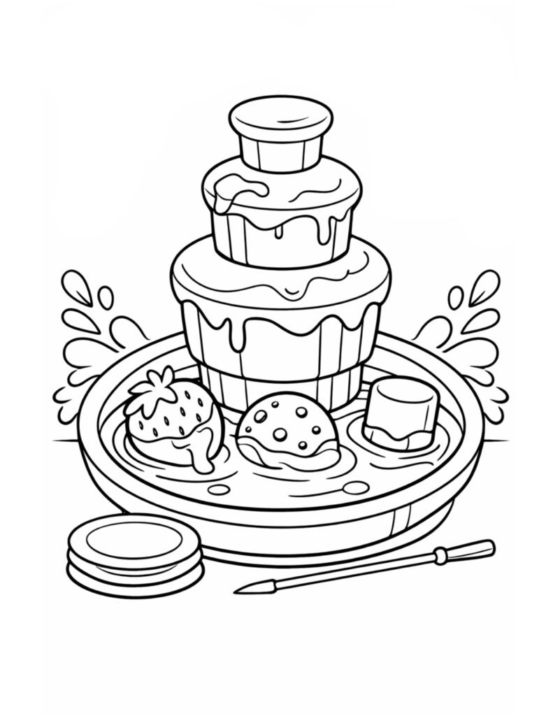 chocolate fountain with treats coloring page with dripping tiers, dessert plate, and dipped sweets coloring page