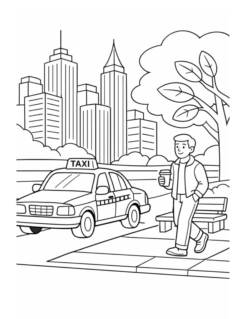 city taxi near sidewalk coloring page with urban buildings and a man walking in the city scene coloring page