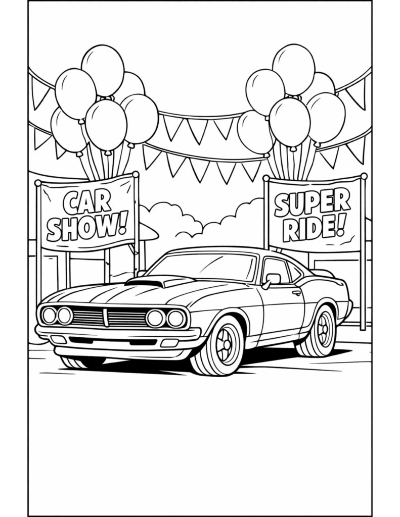 classic car at a show coloring page with a vintage car displayed at a festive event coloring page
