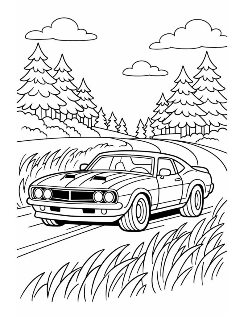 classic car on forest road coloring page with a winding road, pine trees, tall grass, and clouds coloring page